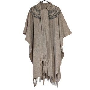 Vintage Wool Southwestern Aztec Button Front Cape Fringed One Size